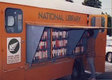 Image: Dylan Owen (field librarian) with National Library van outside Shannon Library, 1988
