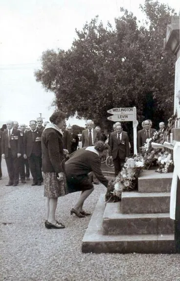 Image: Vera Claridge and Margaret Donnelly laying Red Cross wreath, Anzac Day mid 1970's