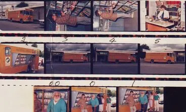 Image: 'Proof sheet' of 11 colour photos taken during final visit of National Library van, 1988