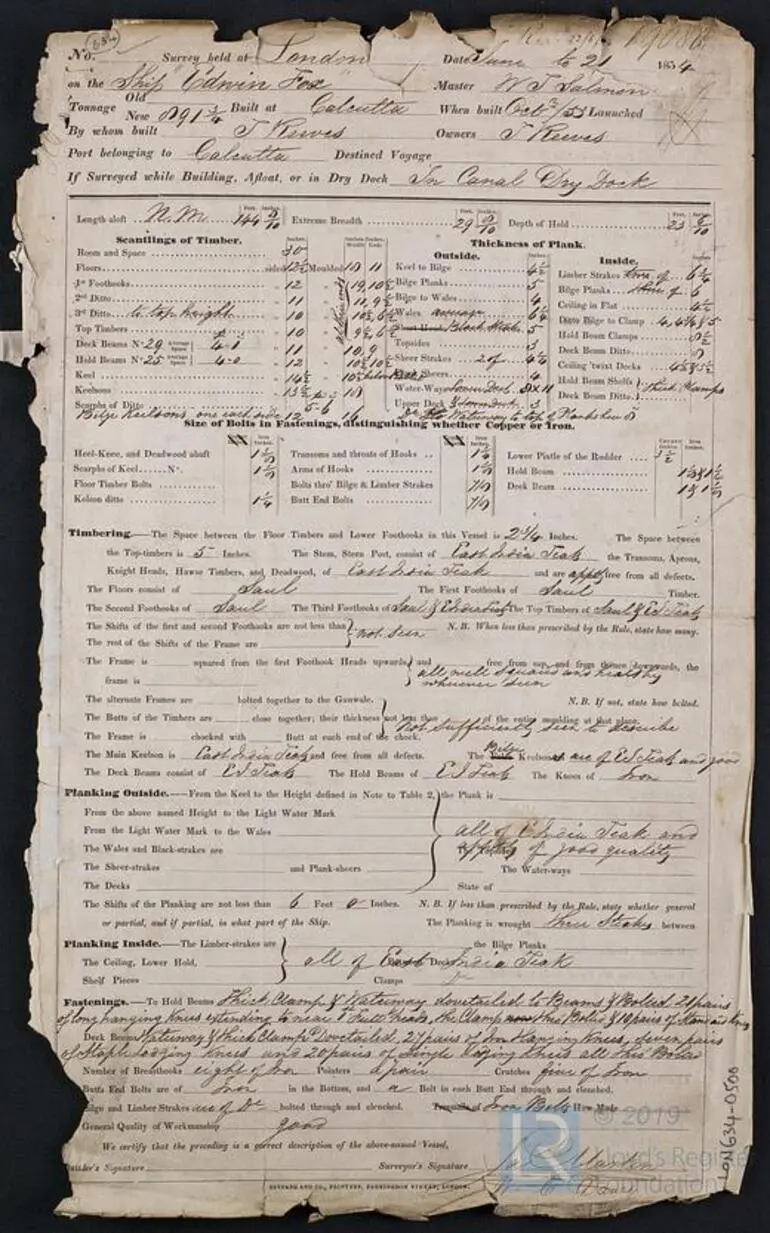 Image: Edwin Fox - 1854 Survey, completed in London at the Completion of the Maiden Voyage