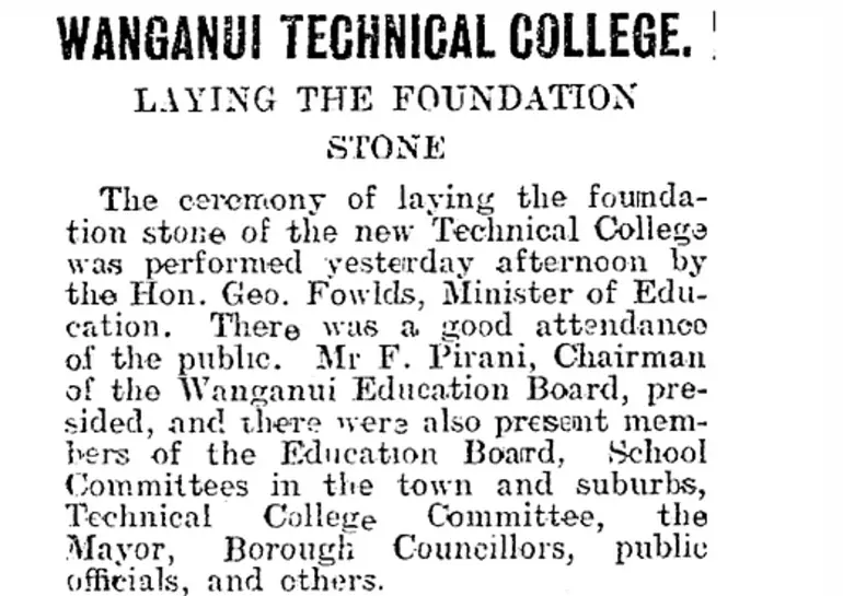 Image: Wanganui Technical College - foundation stone laid