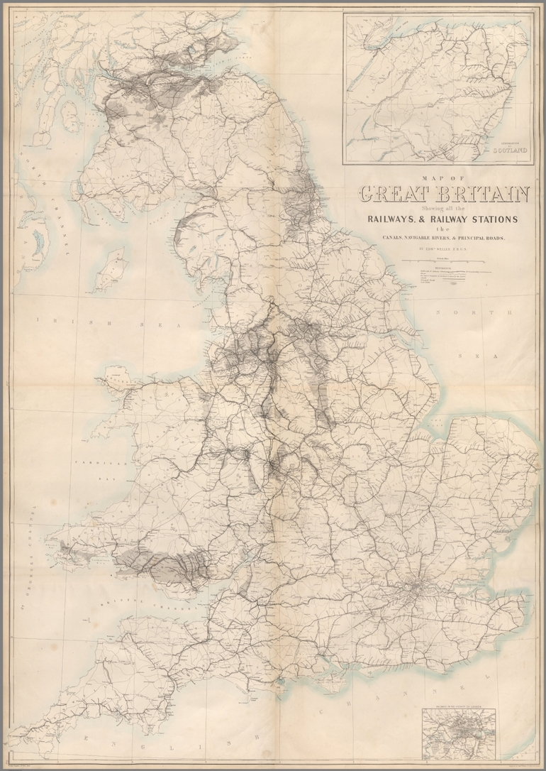 Image: (Composite Map to) Railway map of Great Britain : Showing all the railways, & railway stations, the canals, navigable rivers, & principal roads : (North east sheet) -- (North west sheet) -- (South east sheet) -- (South west sheet) / by Edwd. Weller, F. R. G. S. ; engraved by Edwd. Weller, 34 Red Lion Square ; E. Weller Lithogr.