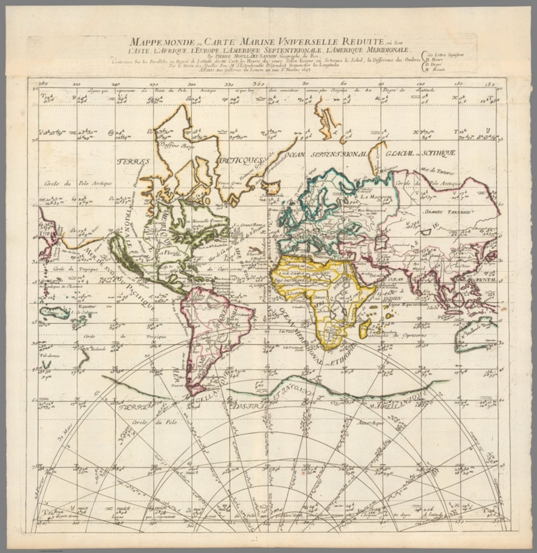 Image: Mappemonde ou carte marine universelle reduite, ou sont l'Asie, l'Afrique, l'Europe, l'Amerique septentrionale, l'Amerique meridionale.
