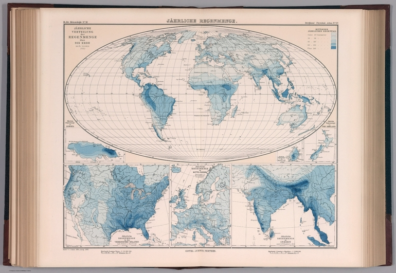 Image: Jahrliche regenmenge. Hahrliche verteilung der regenmenge uber die erde nach Loomis 1883. Entw. v. J. Hann 1884, Ausg. 1886. Gotha: Justus Perthes. (On upper margin) III. Abt. Meteorologie No. XI. Berghaus' physikal atlas No. 37. Atlas der Meteorologie. (Berghaus' physikalischer atlas, Abteilung III). (to Accompany) Berghaus' Physikalischer Atlas. (Begrundet 1836 durch Heinrich Berghaus) ... Gotha: Justus Perthes. 1892. (6 insets).