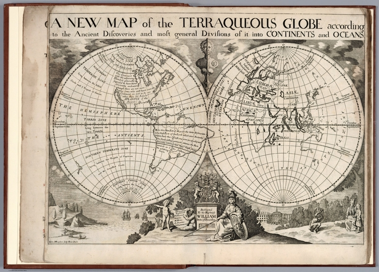 Image: A new map of the terraqueous globe according to the ancient discoveries and most general divisions of it into continents and oceans. Delin. M. Burghers Sculp. Univ. Oxon. (to accompany) A new sett of maps both of antient and present geography. 1.