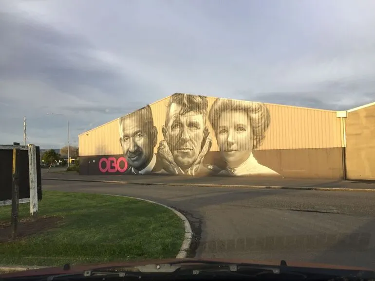 Image: Mural by Mr G on the Obo building in the early morning sun