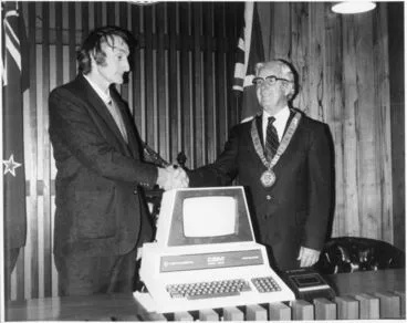 Image: Presentation of Computer to Feilding Library, c. 1981