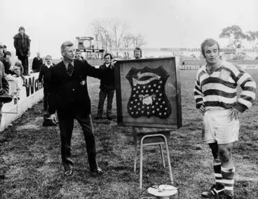 P Henry presenting Waikato Breweries Rugby Shield at Rugby Park Image: P Henry presenting Waikato Breweries Rugby Shield at Rugby Park