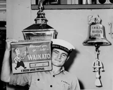O/S F Poutu carrying beer onto HMNZS Waikato 1966 Image: O/S F Poutu carrying beer onto HMNZS Waikato 1966