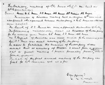 Minutes of C L Innes and Co. Ltd meeting held on the 30th of September 1907 Image: Minutes of C L Innes and Co. Ltd meeting held on the 30th of September 1907