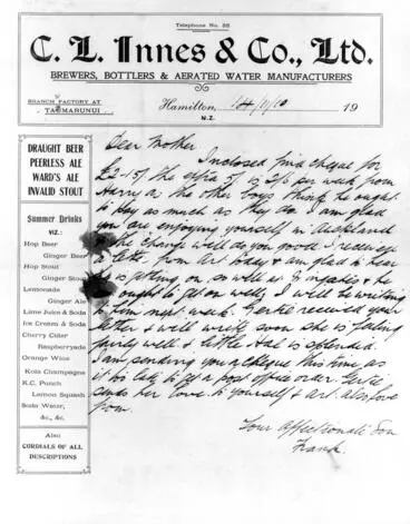 Letter from Frank Innes to Florence Innes Image: Letter from Frank Innes to Florence Innes