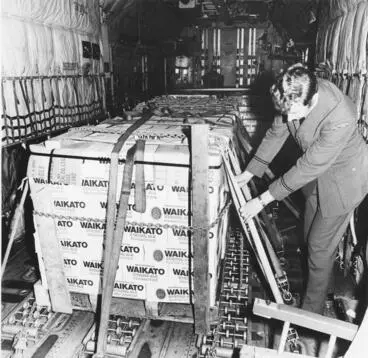 Image: Cases of Waikato Strong Ale being loaded onto an aircraft