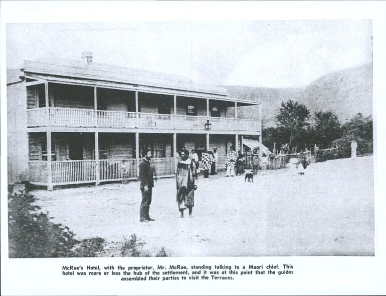 Image: McRae's Hotel with the proprietor, Mr McRae, standing talking to a Maori chief