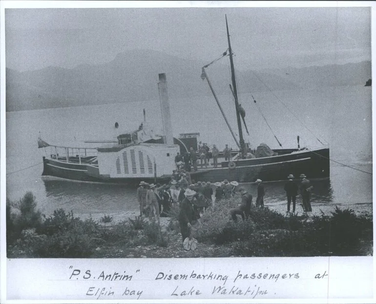 Image: P.S. Antrim disembarking passengers at Elfin Bay, Lake Wakatipu