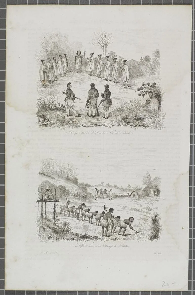 Image: 1. Réception par un chef de la Nouvelle-Zélande. Alp. Boilly s. 2. Défrichement d’un champ de patates. Alp. Boilly s. de Sainson del. Voyage [Pittoresque]