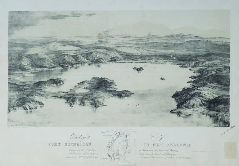Image: Birdseye view of Port Nicholson, in New Zealand, shewing the site of the town of Wellington, the river and valley of the Hutt and adjacent country, taken from the charts and drawings made during Col.l Wakefield’s survey and now in the possession of the Ne