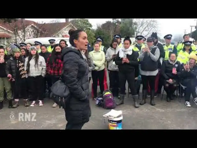Image: Pania Newton addresses crowd at Ihumātao