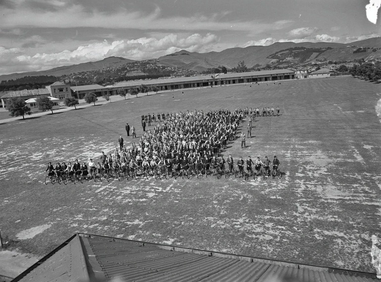 Image: Education. School. Boys and Girls With Their Bicycles in an I Formation in the Grounds of an Unidentified School. Christchurch, Canterbury, New Zealand.