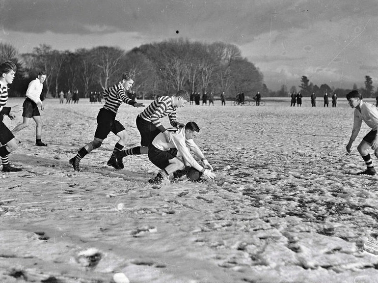 Image: Sport. Christ College Rugby Football Team playing a game during the Big Snow in Canterbury New Zealand.