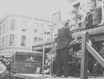 Celebrations. Crowd at WWII, Victory over Europe ( VE ) Day Celebration. Held 9 May 1945, Man Making Speech from the Back of a Truck. Colombo Street by the United Service Hotel, at the High Street Corner. Christchurch, Canterbury, New Zealand. Image: Celebrations. Crowd at WWII, Victory over Europe ( VE ) Day Celebration. Held 9 May 1945, Man Making Speech from the Back of a Truck. Colombo Street by the United Service Hotel, at the High Street Corner. Christchurch, Canterbury, New Zealand.