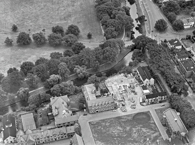 Image: Education School Aerial View, Christ's College, A Boys' Private School, New Block under Construction. Central City, Avon River. Rolleston Avenue, Christchurch, Canterbury, New Zealand.