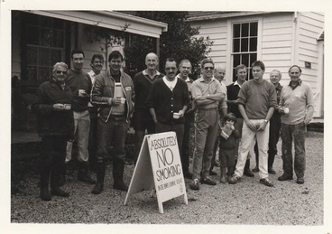 Image: Pakuranga Rotary Club members after scrubbing Briody-McDaniel Cottage, White's store and the Methodist Church, May 1988.