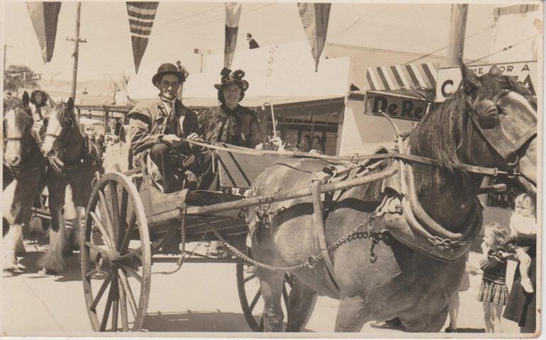 Image: Mr and Mrs Nicholas with a horse and buggy in the Howick Centennial Parade