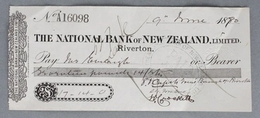 Cheque, National Bank of New Zealand, James Eveleigh Image: Cheque, National Bank of New Zealand, James Eveleigh