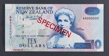 Reserve Bank of New Zealand 1992 Ten Dollars Fifth Series Specimen Image: Reserve Bank of New Zealand 1992 Ten Dollars Fifth Series Specimen