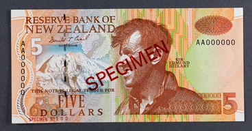 Reserve Bank of New Zealand 1992 Five Dollars Fifth Series Specimen Image: Reserve Bank of New Zealand 1992 Five Dollars Fifth Series Specimen