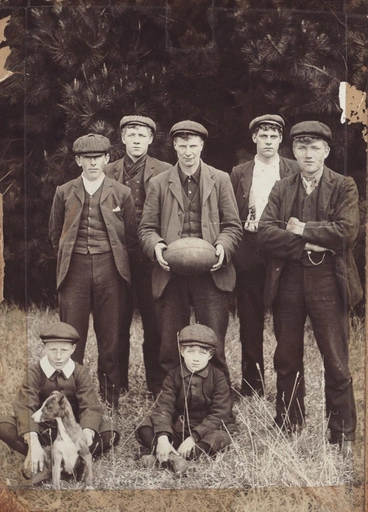 Image: Photograph [Five Young Men, Two Boys and a Dog]
