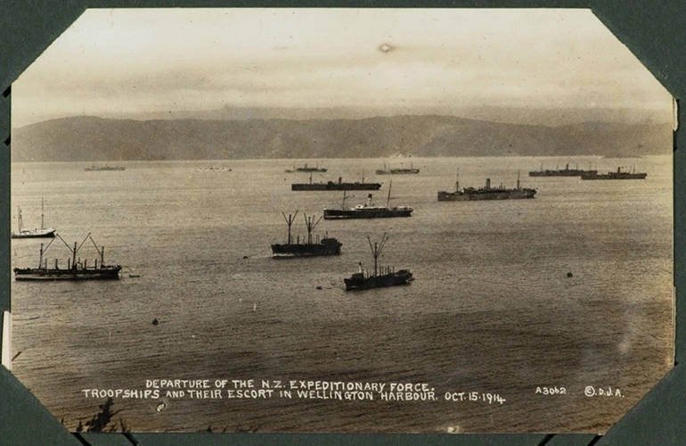Image: The departure of the New Zealand Expeditionary Force troopships and their escort in Wellington Harbour, 15 October 1914.