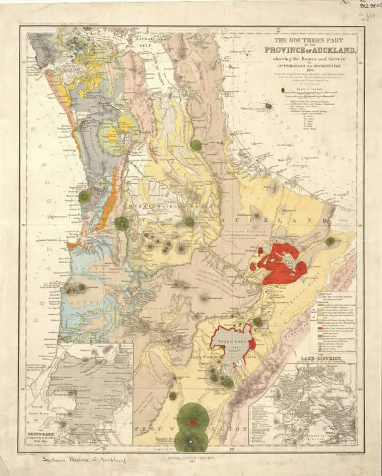 Image: The southern part of the Province of Auckland showing the routes and surveys by Ferdinand von Hochstetter, 1859 from the original drawings, sketches and measurements by Dr von Hochstetter and the admiralty surveys by Stokes and Drury, compiled by A. Peterman. Gotha, Justus Pertes, 1864