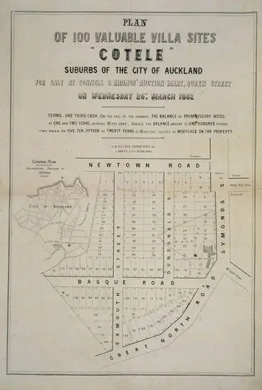 Image: Plan of 100 valuable villa sites 'Cotele', suburbs of the City of Auckland for sale at Connell & Ridings auction mart, Queen Street, on Wednesday 26th March 1862.