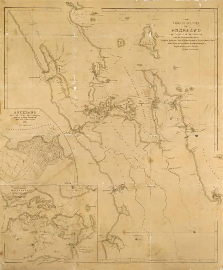 Image: The harbour and city of Auckland, the capital of New Zealand with the districts of the rivers Kai para, Waitemata, Tamaki, Waihou or Thames, Mercury Bay, Kawia, Piako, Waipa, Waikato, Manakao, Tauranga, etc., compiled from various surveys by John Arrowsmith.