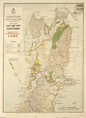 Image: Middle Island New Zealand proposed east and west coast and Nelson railways, Map no. 2, Land
