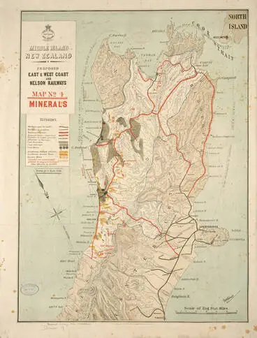 Image: Middle Island New Zealand proposed east and west coast and Nelson railways, Map no. 4, Minerals