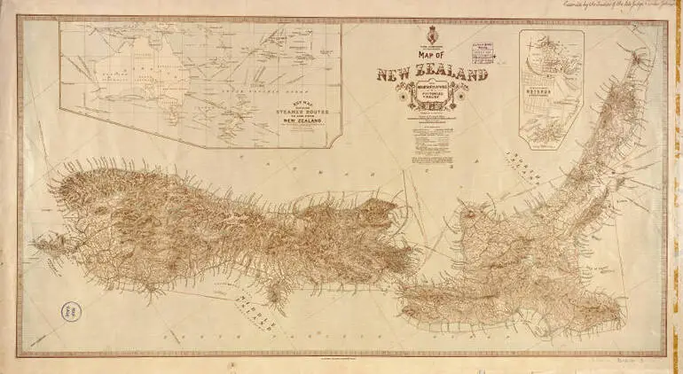 Image: Map of New Zealand with mountain features in pictorial relief.