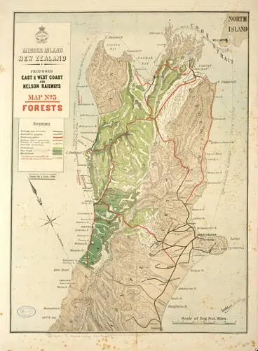 Image: Middle Island New Zealand proposed east and west coast and Nelson railways, Map no. 3, Forests