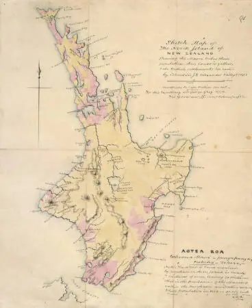 Image: Sketch map of the North Island of New Zealand shewing the Maori tribes, their population, their lands in yellow & the British settlements in red