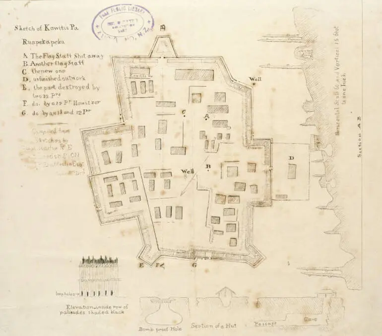 Image: Sketch of Kawiti's Pa, Ruapekapeka, compiled from sketches by Capt. Marlow, R.E., Lieut. Leeds, H.E.I.C.N., and J.P. Du Moulin Esq, Commst. Dept.