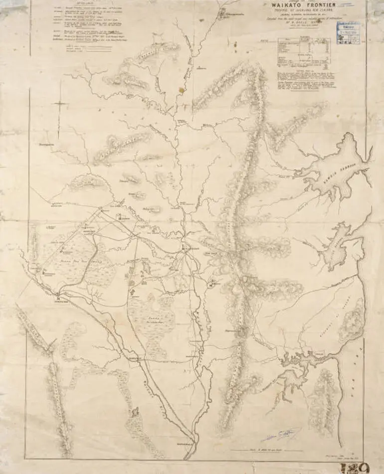 Image: Map of the Waikato frontier, Province of Auckland, New Zealand, shewing redoubts, blockhouses, compiled from the most recent and reliable sources of information by W. Bogle, Napier, late of the A. C. force