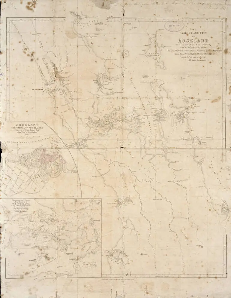 Image: The harbour and city of Auckland, the capital of New Zealand with the districts of the rivers Kaipara, Waitemata, Tamaki, Waihou or Thames, Mercury Bay, Kawia, Piako, Waipa, Waikato, Manakao, Tauranga, etc., compiled from various surveys by John Arrowsmith.