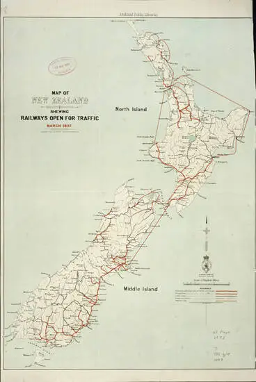 Image: Map of New Zealand shewing railways open for traffic March 1897