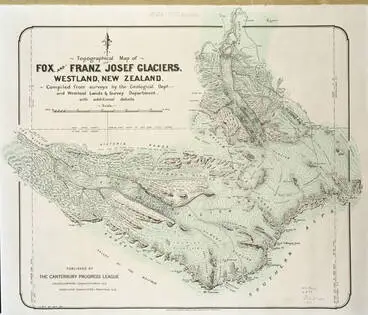 Image: Topographical map of Fox and Franz Joseph Glaciers, Westland, New Zealand. Compiled from surveys by the Geological Dept. and Westland Lands and Survey Deptartment with additional details