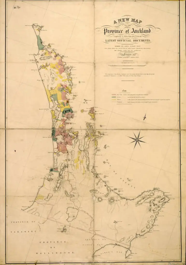 Image: A new map of the Province of Auckland, compiled for A. Willis, Gann and Co., from the latest official documents. Shewing the lands already sold, the lands open for selection by free-grant emigrants and others and crown lands not yet surveyed