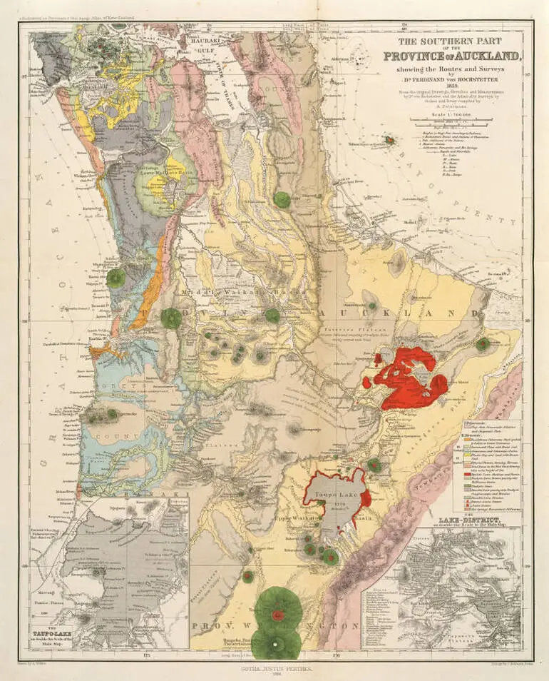 Image: The southern part of the Province of Auckland showing the routes and surveys by Ferdinand von Hochstetter, 1859 from the original drawings, sketches and measurements by Dr von Hochstetter and the admiralty surveys by Stokes and Drury, compiled by A. Peterman. Gotha, Justus Pertes, 1864