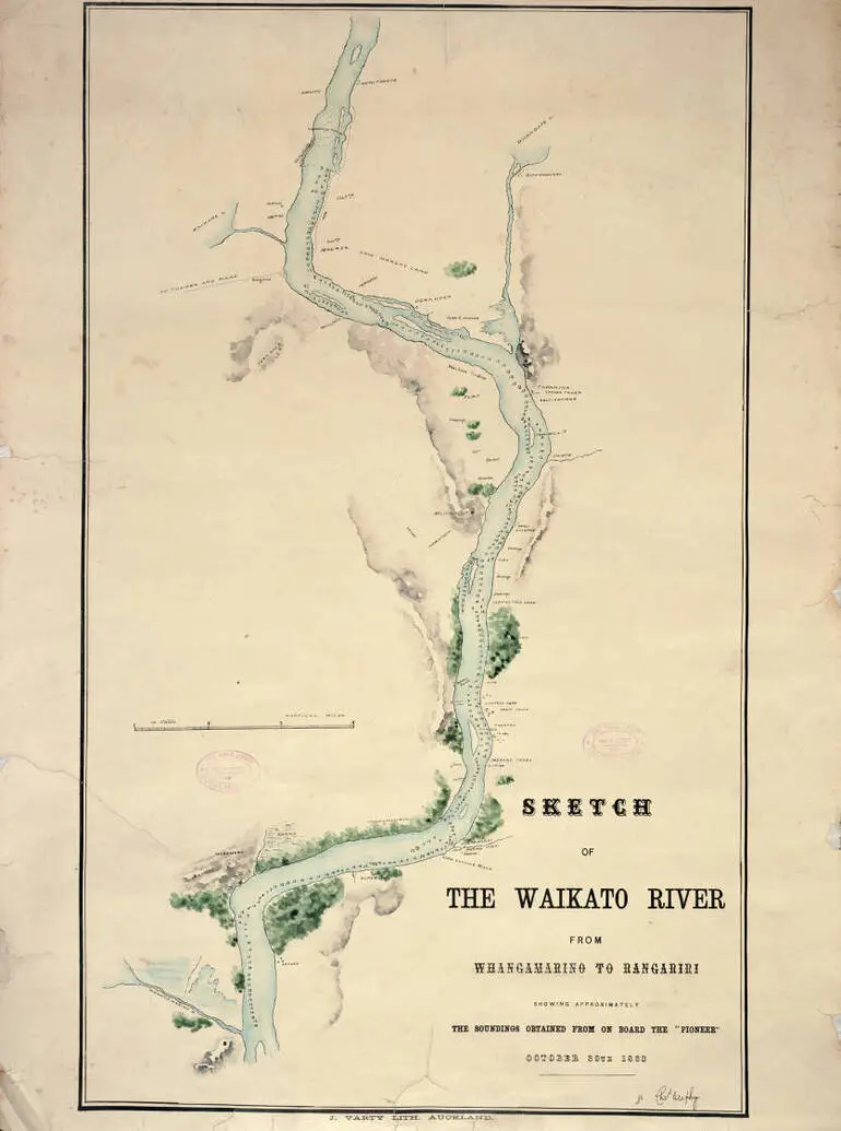 Image: Sketch of the Waikato River from Whangamarino to Rangiriri showing approximately the soundings obtained from on board the Pioneer, October 30th, 1863