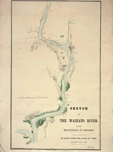 Image: Sketch of the Waikato River from Whangamarino to Rangiriri showing approximately the soundings obtained from on board the Pioneer, October 30th, 1863