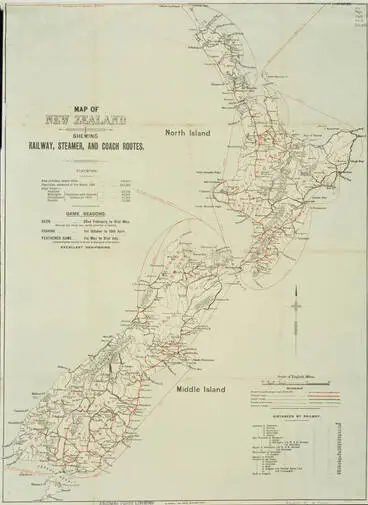 Image: Map of New Zealand shewing railway, steamer and coach routes